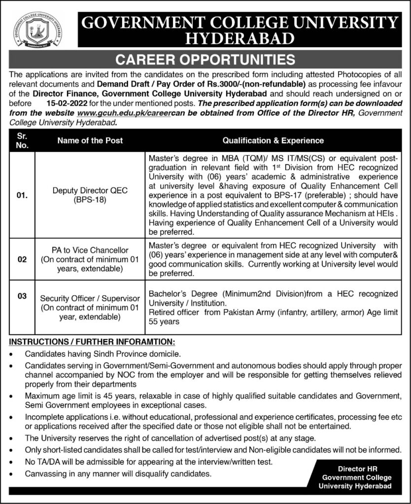 GC University Hyderabad Jobs 2022 - www.gcuh.edu.pk