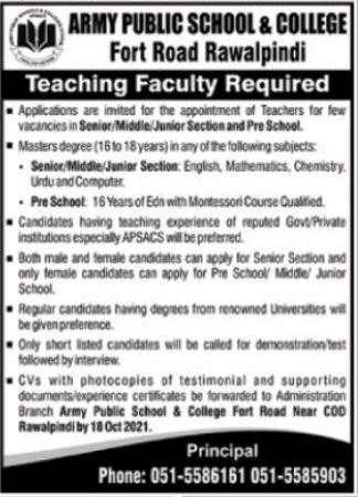 Army Public School APS & College Fort Road Rawalpindi Jobs 2022