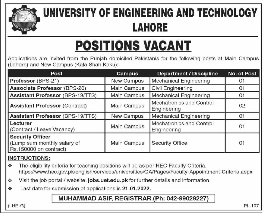 UET Lahore Jobs 2022 Current Vacancies - www.jobs.uet.edu.pk