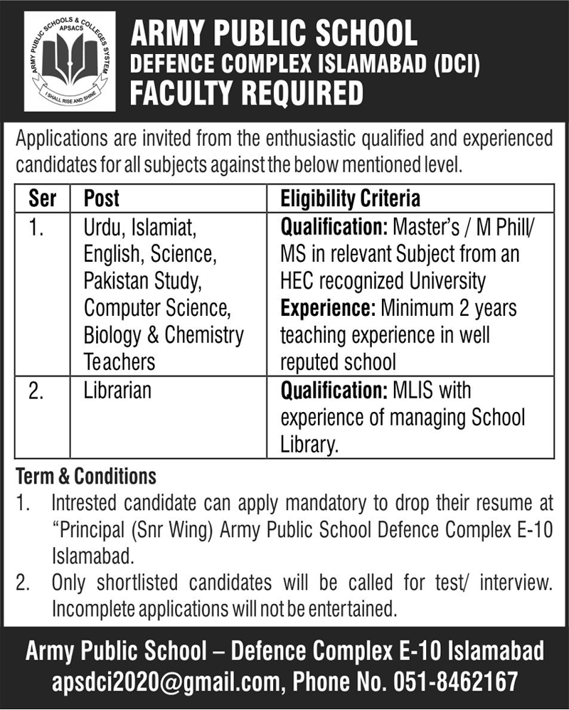 Army Public School APS Defence Complex Islamabad Jobs 2022