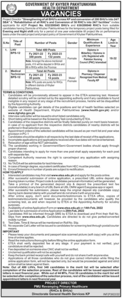 District Health Department Hangu Jobs 2022 / ETEA Online Applications