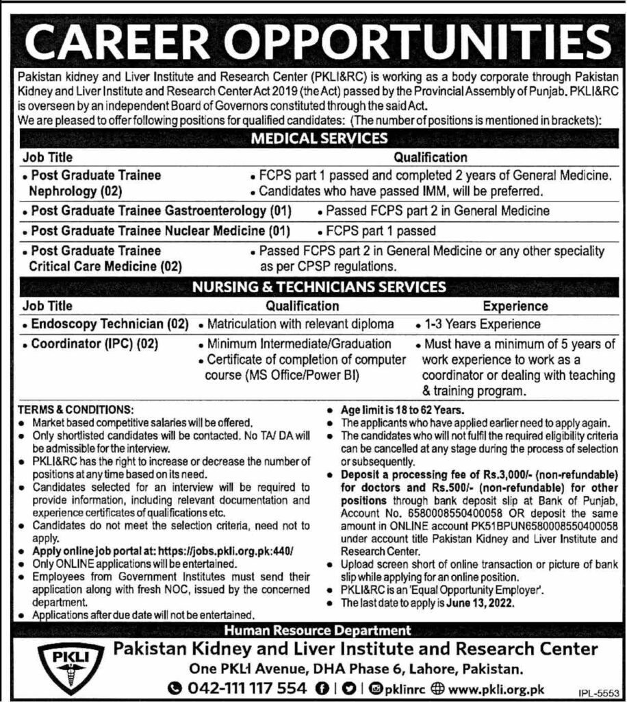 Pakistan Kidney And Liver Institute PKLI Jobs 2022 - www.pkli.org.pk