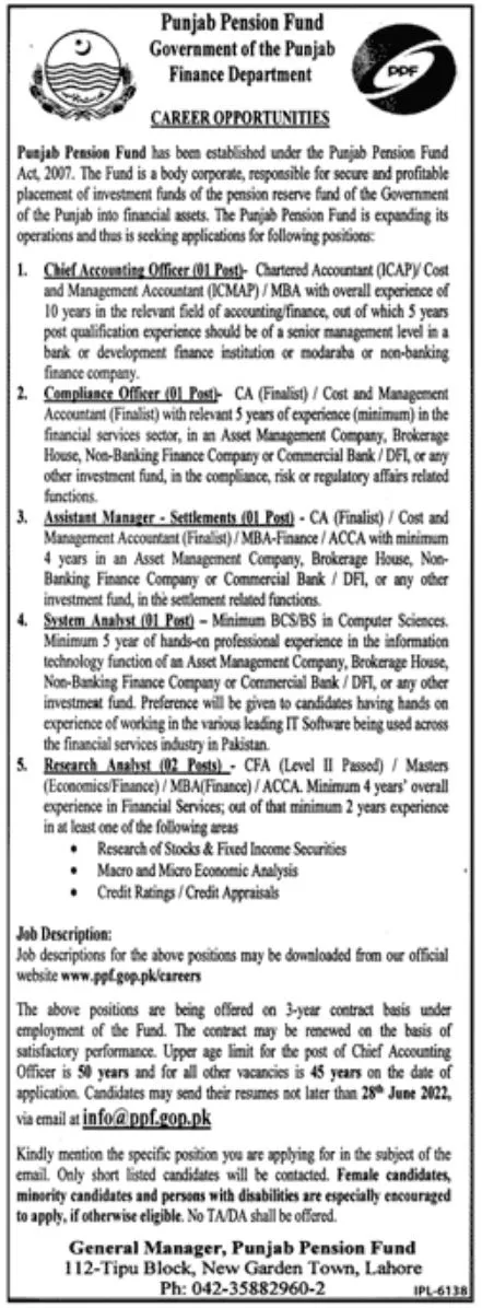 Punjab Pension Fund PPF Jobs 2022 Online Form