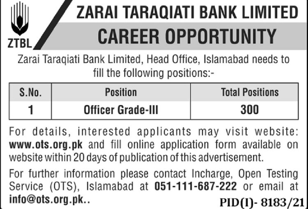Zarai Taraqiati Bank Limited ZTBL Jobs 2022 Download Application Form