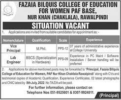 Fazaia Bilquis College of Education for Women Rawalpindi Jobs 2022