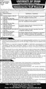 University of Swabi Jobs 2022 / Online Form at www.uoswabi.edu.pk