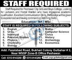 Peshawar City Girls & Boys College Jobs 2022 for Male/Females