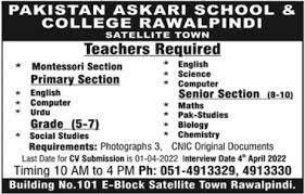 Pak Askari School & College Satellite Town Rawalpindi Jobs 2022