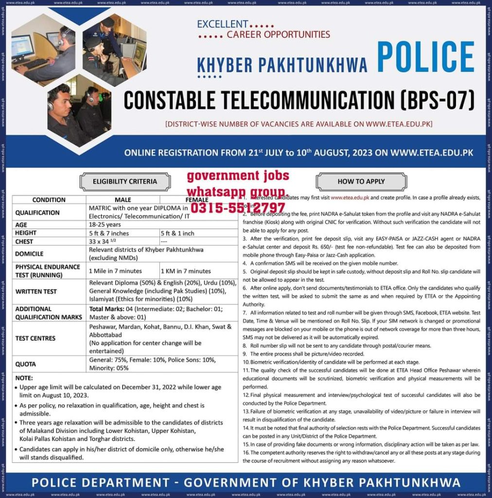 Kpk police telecommunication Jobs 2023