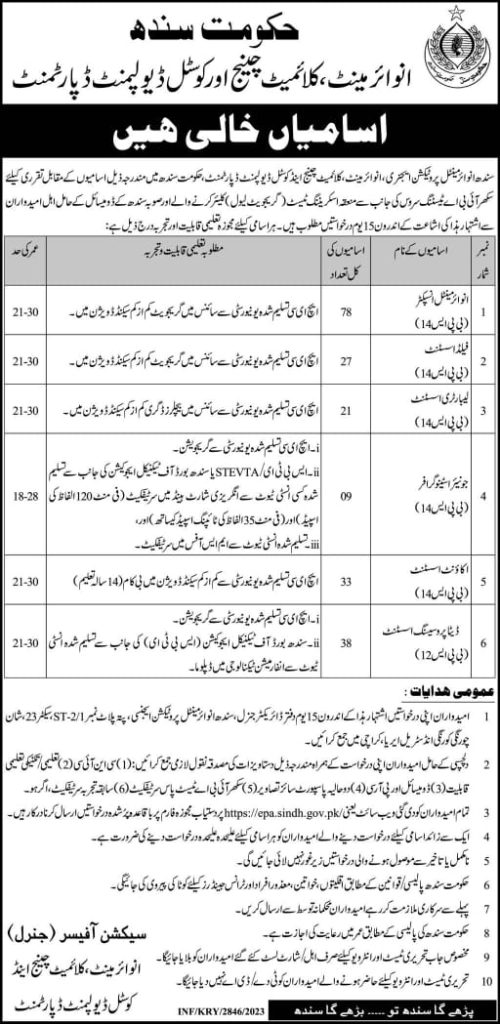 Sindh Environmental Climate change Department Jobs 2023